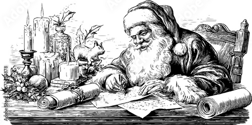 Vintage christmas scene with santa claus writing by candlelight, perfect for holiday greeting cards and posters