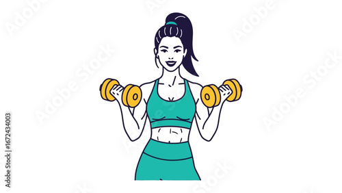 Fitness and Strength: A graphic illustration depicts a fit woman lifting dumbbells. Focus on physical fitness, health and wellness.