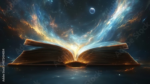 Open Book with Cosmic Energy Emanating, Celestial Background with Moon