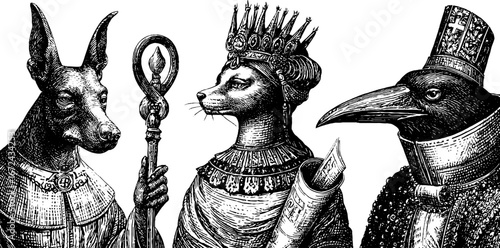 Intricate vintage animal portraits in regal attire - hand drawn illustration for art and design