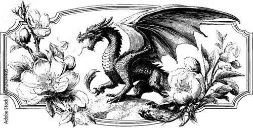 Highly detailed vintage dragon engraving with floral accents for retro designs