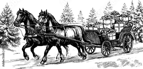 Vintage christmas scene with horse-drawn sleigh and presents for decorative use