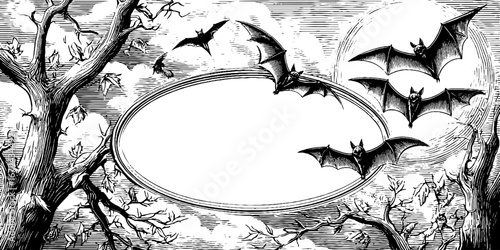 Intricate vintage bat and tree silhouette for halloween design and decoration