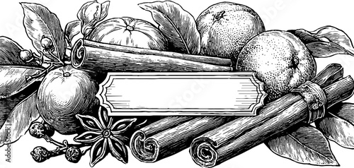 Oranges and spices vintage engraving design for food label