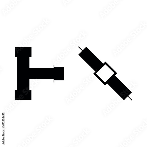 Black pipe fitting and angled syringe plumbing T-junction