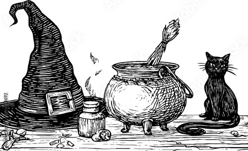 Vintage halloween witch scene with hat, cauldron, and cat for seasonal decor and design