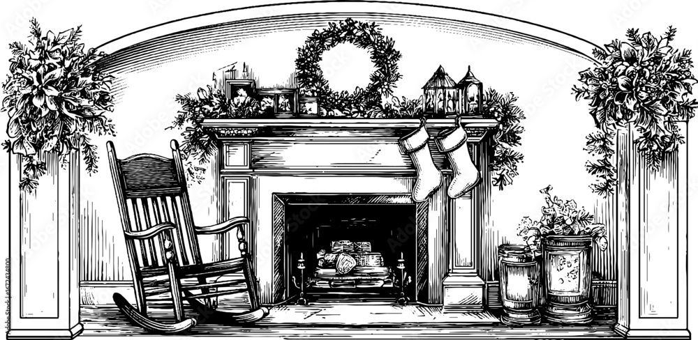 Fototapeta premium Festive holiday fireplace decor with wreath and stockings for christmas design
