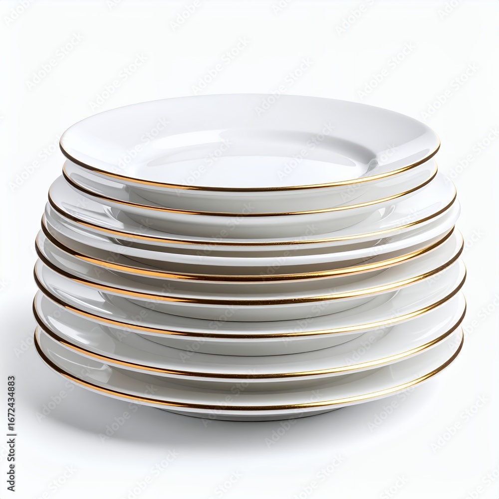 Obraz premium Elegant stack of pristine white porcelain plates adorned with delicate gold trim on white background
