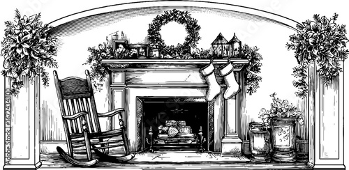 Festive holiday fireplace decor with wreath and stockings for christmas design
