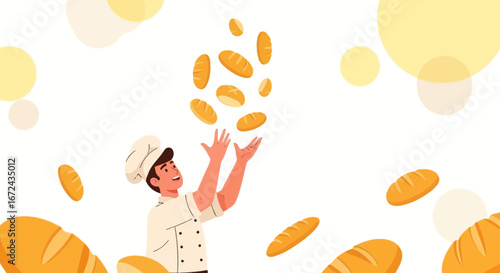 Baker Joyfully Tossing Loaves of Bread In The Air With Flourish And Delight