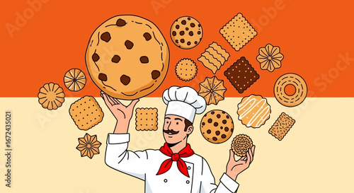 Baker Juggling Baked Goods Depicts Sweet Treats Composition with Hand Drawn Style