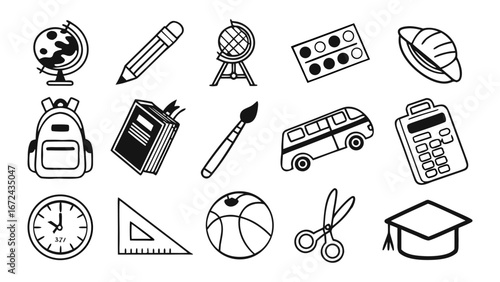 Black and White Back to School Vector Icon Set – Minimal Line Icons for Education, Learning, and Classroom Design