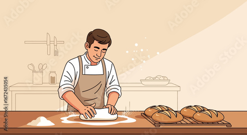 Baker Kneading Dough for Artisan Bread, Kitchen Interior Scene, Freshly Baked Loaves