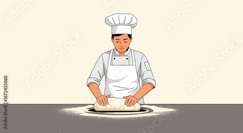 Baker Kneading Dough, Artistically Representing Professional Culinary Practices and Skill