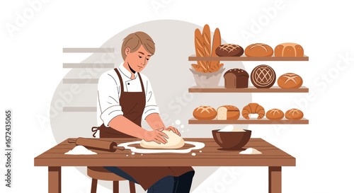 Baker Kneading Dough With Variety Of Bread On Display Illustrative Cooking Scene