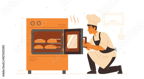 Baker Kneeling Next To The Oven While Examining Freshly Baked Loaves Of Bread