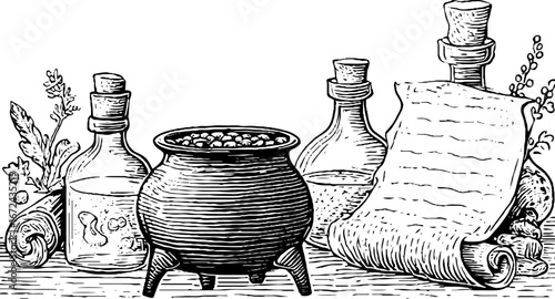 Vintage apothecary scene with cauldron, bottles, and scrolls in black and white engraving