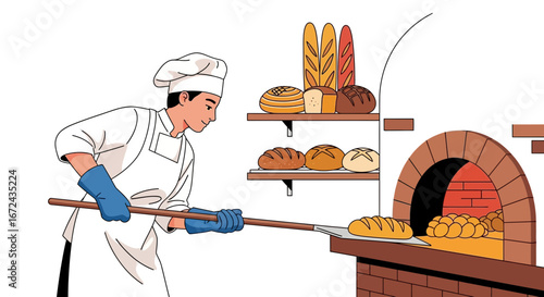 Baker Placing Freshly Baked Bread into Oven, Illustrating Culinary Arts