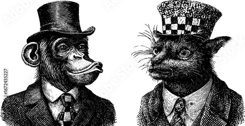 Vintage engraving of anthropomorphic animals in formal attire - monkey and fox illustration for retro design