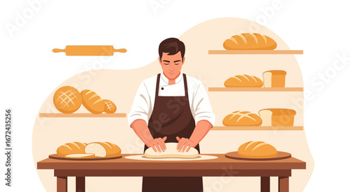 Baker Prepares Artisan Bread in a Warm Bakery Featuring Baked Goods and Kitchen Tools