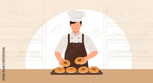 Baker Prepares Fresh Donuts In A Bakery, Showing Delicious Bread Production
