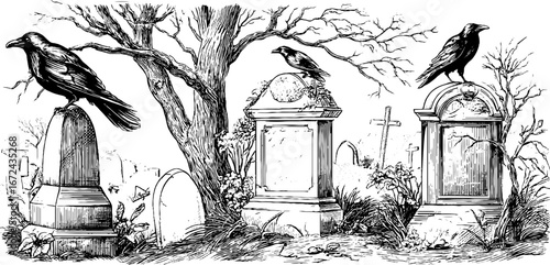 Intricate cemetery scene with crows and tombstones in vintage hand-drawn engraving