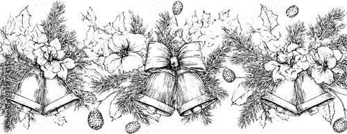 Christmas bell and pine garland vintage illustration for holiday decoration