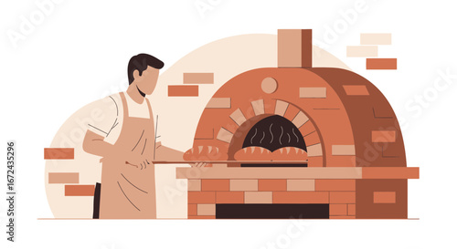 Baker Preparing And Presenting Freshly Baked Bread From A Brick Oven For Serving