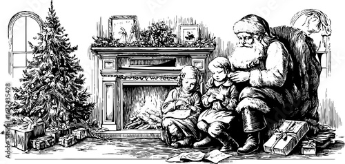 Nostalgic christmas eve by the fireplace - santa and children unwrapping gifts - vintage holiday design