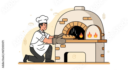 Baker Preparing Freshly Baked Bread in a Rustic Oven, Creating Delicious Bakery.