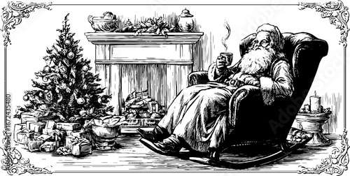 Vintage christmas scene with santa relaxing by fireplace - perfect for holiday cards and decor