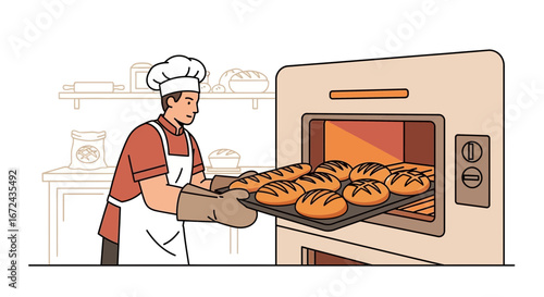 Baker Preparing Freshly Baked Bread Loaves From the Oven, Illustration of Cooking