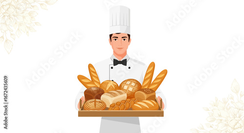 Baker Presenting a Tray of Various Freshly Baked Breads, Loaves, and Baguettes Illustration