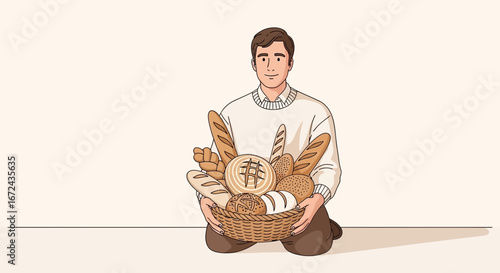 Baker Presenting Artisan Breads In A Basket, Freshly Baked Goods, Delicious Foodstuffs
