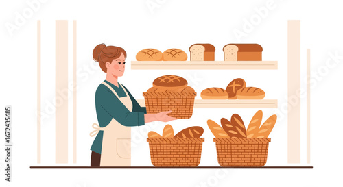 Baker Presenting Basket Of Freshly Baked Loaves And Baguettes Inside A Bakery