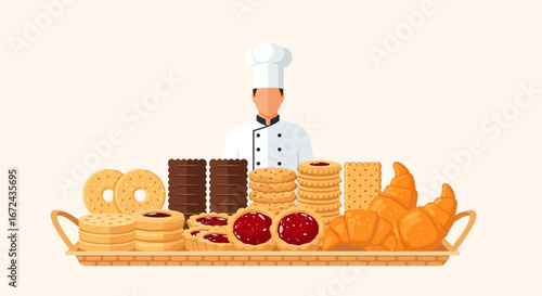 Baker Presenting Assortment Of Freshly Baked Pastries, Treats, And Baked Goods On A Tray