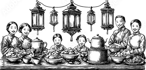 Family gathering with traditional lanterns and dishes - vintage engraving design for festive decor