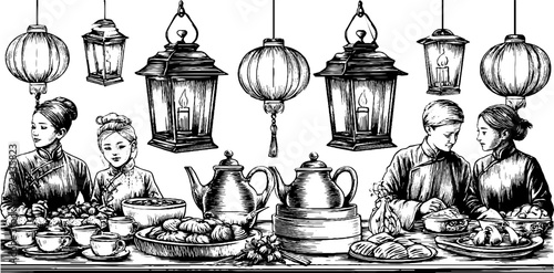 Vintage tea ceremony scene with lanterns and traditional attire for design and decor