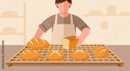 Baker Presenting Freshly Baked Bread on a Rack for Sale Depicting a Bakery Scene