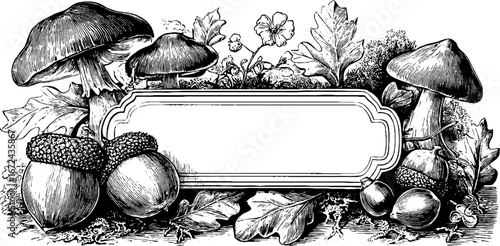Intricate vintage mushroom and acorn engraving border for design and decoration
