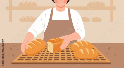 Baker Presenting Freshly Baked Loaves Of Bread For Customers In Beautiful Bakery Shop