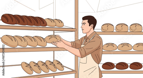 Baker Presenting Freshly Baked Loaves Of Bread In A Well-Stocked Bakery Display Rack