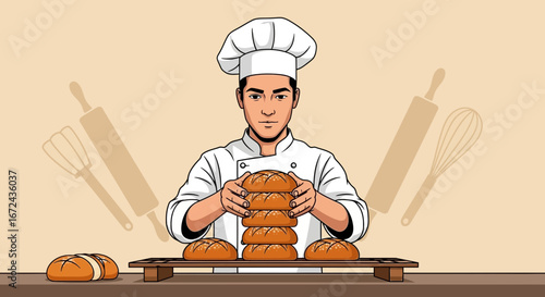 Baker Presenting Freshly Baked Loaves Of Bread In A Professional Kitchen Environment