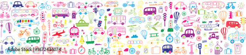 Vibrant doodle collage of diverse transportation icons featuring cars, bicycles, buses, trucks, trains, airplanes, boats and balloons in neon colors on a dark patterned background