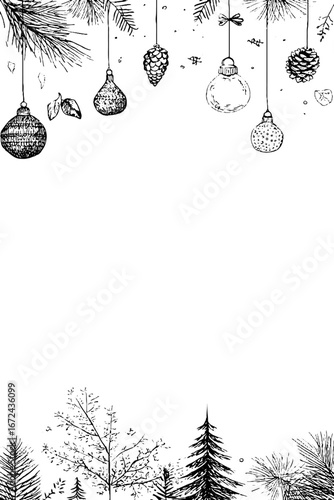 Detailed vintage holiday border with christmas ornaments and pine trees for seasonal design