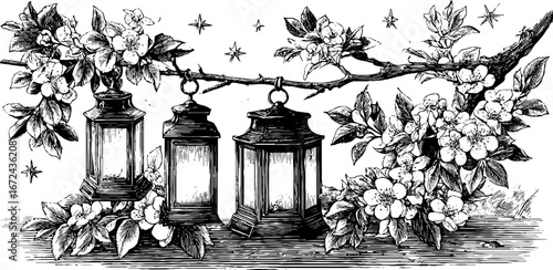 Detailed vintage engraving of lanterns and blossoms for decorative design