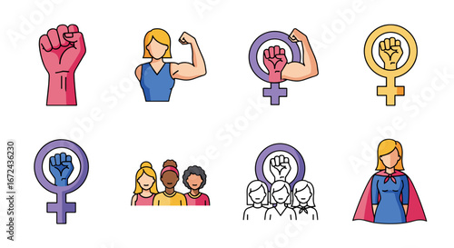 Collection of women empowerment symbols and diverse women group
