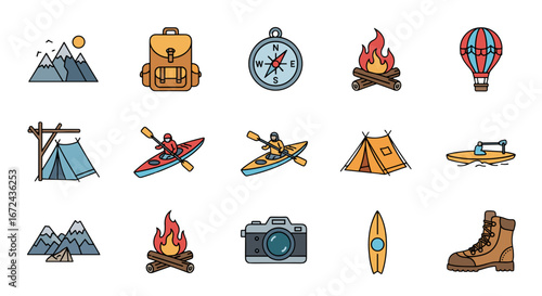 Collection of outdoor adventure and camping themed icons