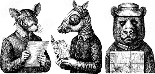 Intricate vintage animal explorers engraving - unique retro maps and adventure theme