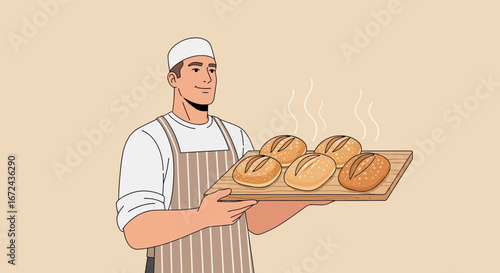 Baker Proudly Displays Freshly Baked Bread, Ready to Serve Customers with Delight